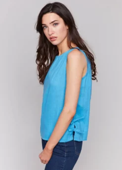Charlie B - Sleeveless Linen Top With Side Ties - SALE