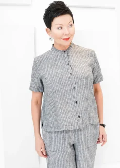Eileen Fisher - Puckered Organic Linen Band Collar Shirt