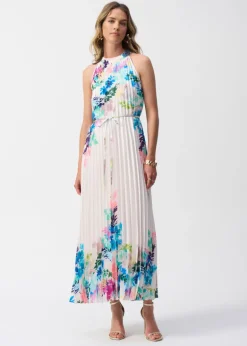 Joseph Ribkoff - Pleated Satin Floral Print Maxi Dress