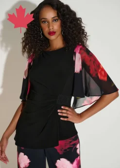 Joseph Ribkoff - Signature Silky Knit Top with Chiffon Floral Print Sleeves