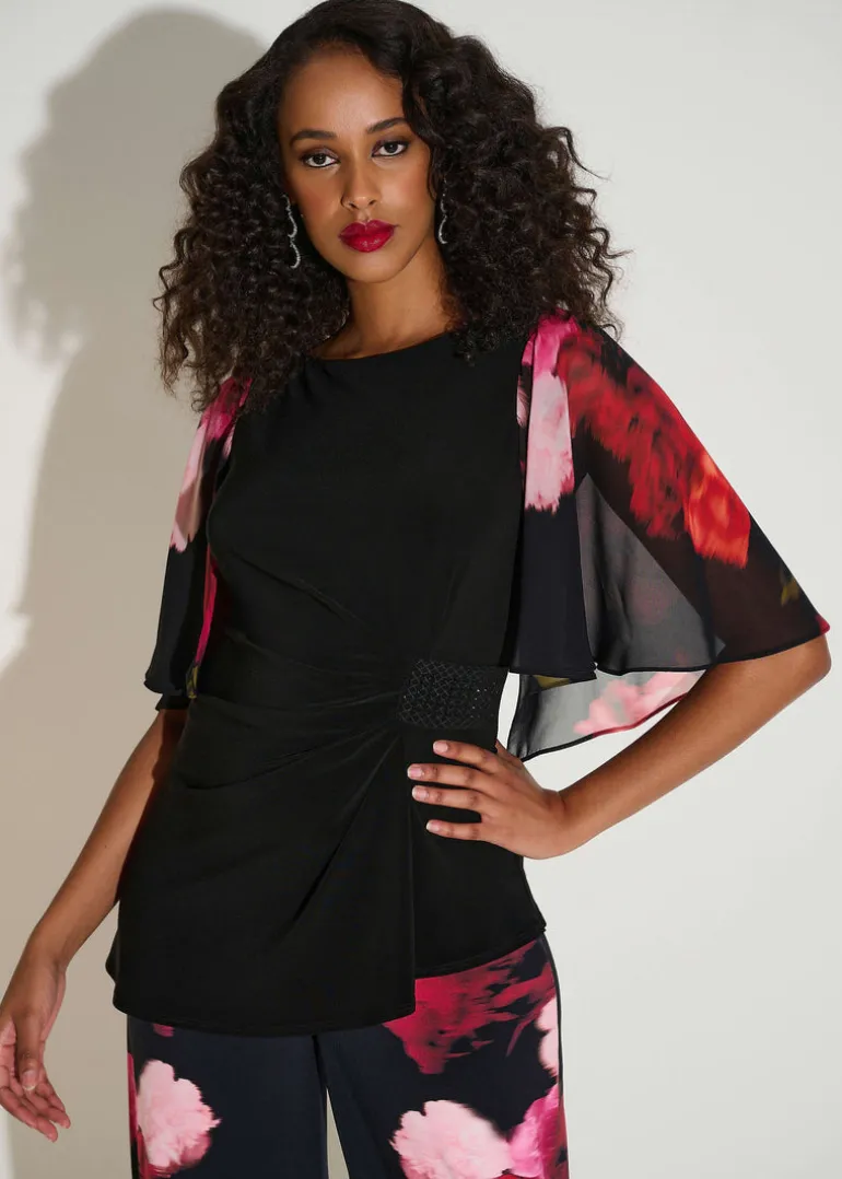 Joseph Ribkoff - Signature Silky Knit Top with Chiffon Floral Print Sleeves