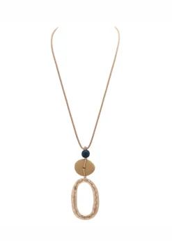 Merx - Hammered Open Pendant Stone Bead Long Necklace