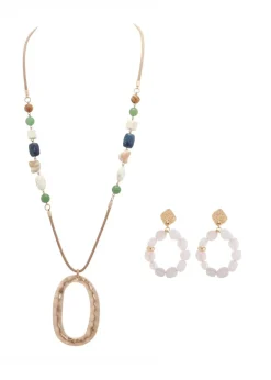 Merx - Hammered Open Pendant Multi Bead Long Necklace
