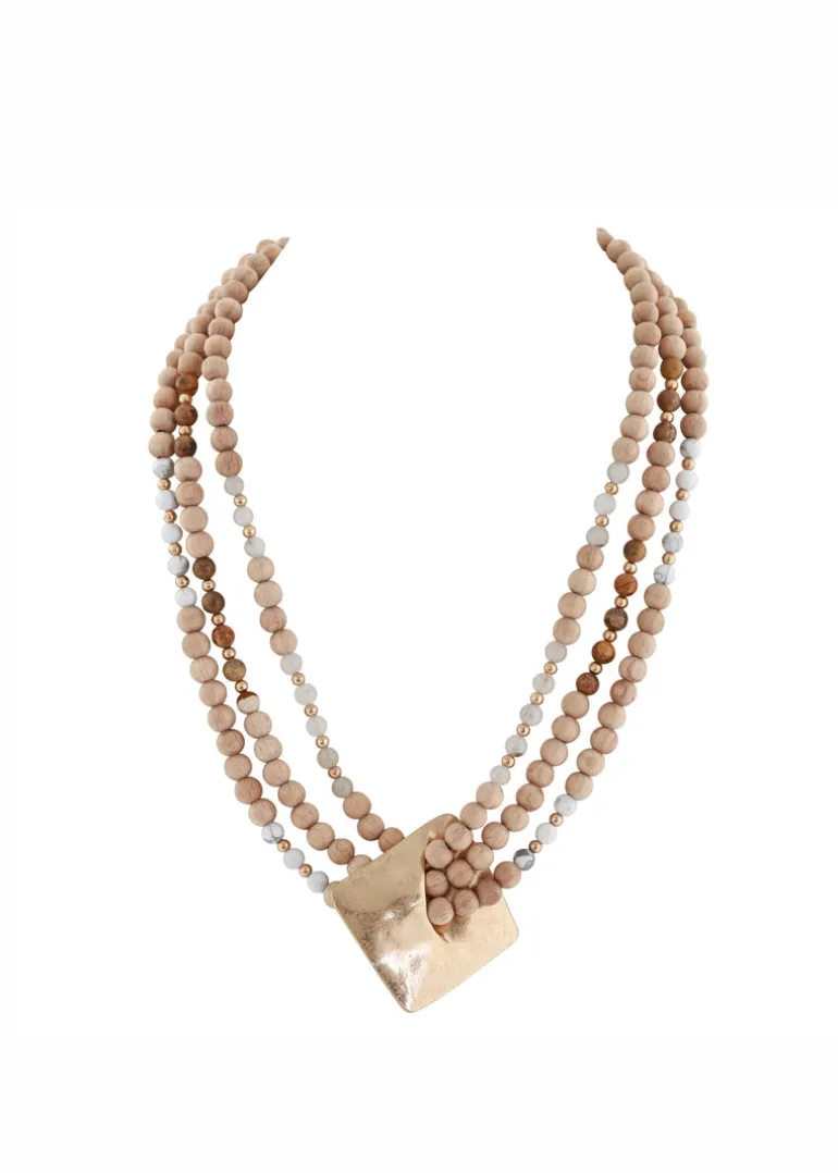 Merx - Triple Stand Wooden Bead Necklace