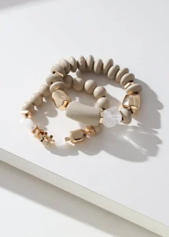 Merx - Wooden and Gold Beaded Bracelet Set