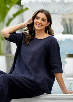 Orange - Mea's Linen Breeze Button-Back Top