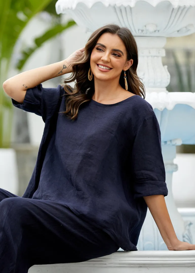 Orange - Mea's Linen Breeze Button-Back Top