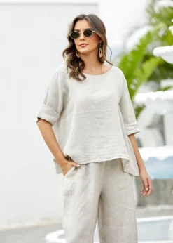 Orange - Mea's Linen Breeze Button-Back Top