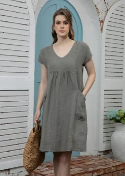 Orange - Pleat Detail V-neck Dress