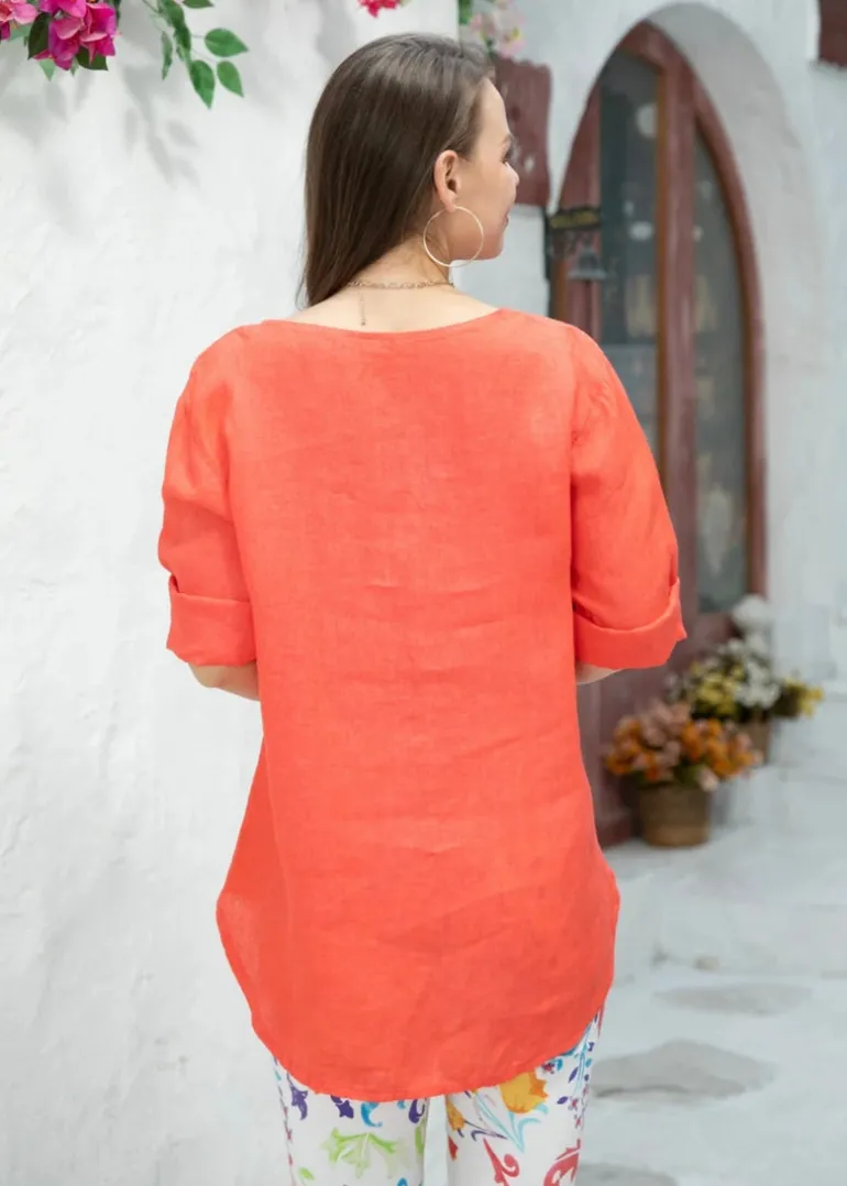 Orange - Sophia's Linen Shirt with Buttons