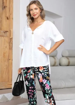 Orange - Sophia's Linen Shirt with Buttons